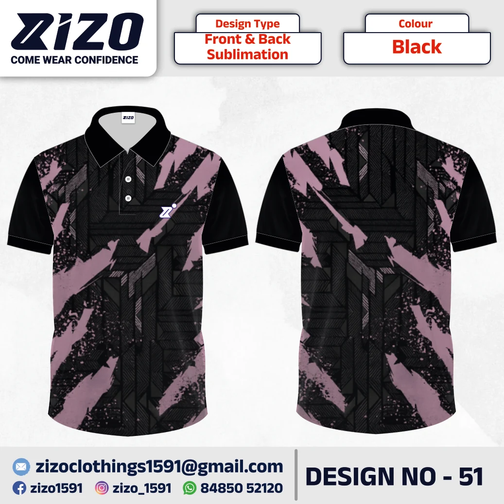 ZIZO T-shirt 51 catalogue mockup showing front and back views in Black