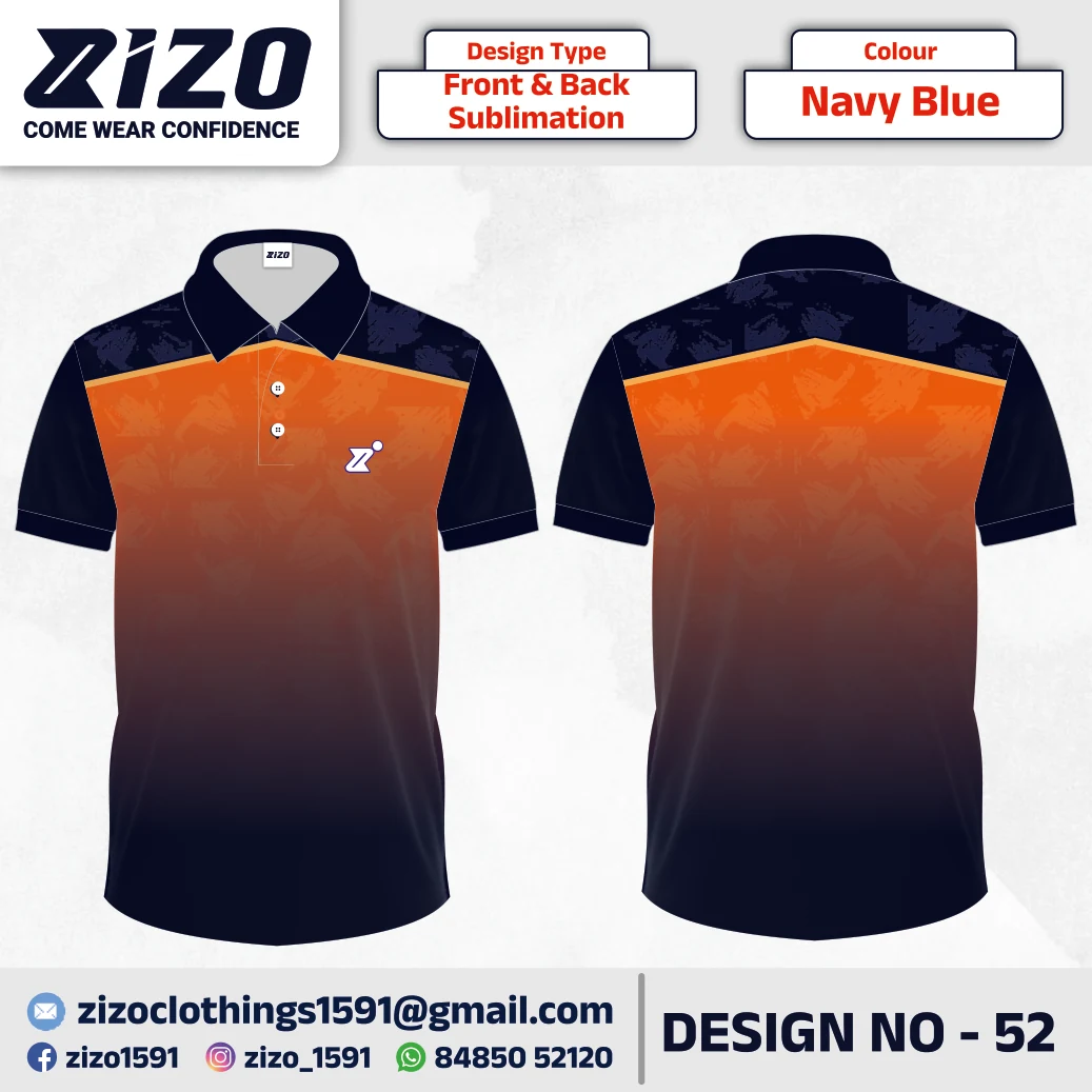 ZIZO T-shirt 52 catalogue mockup showing front and back views in Navy Blue