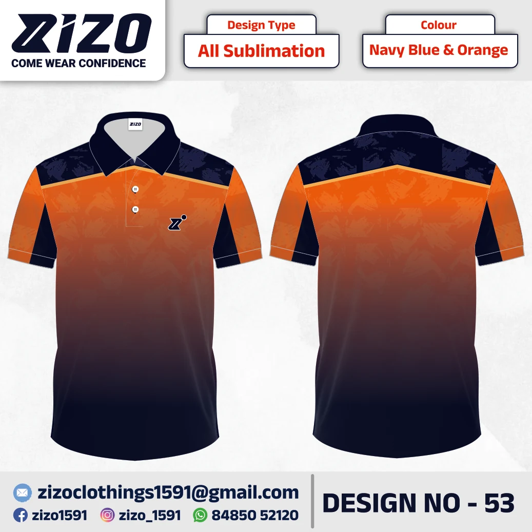 ZIZO T-shirt 53 catalogue mockup showing front and back views in Navy Blue & Orange