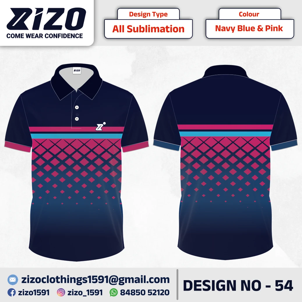 ZIZO T-shirt 54 catalogue mockup showing front and back views in Navy Blue & Pink