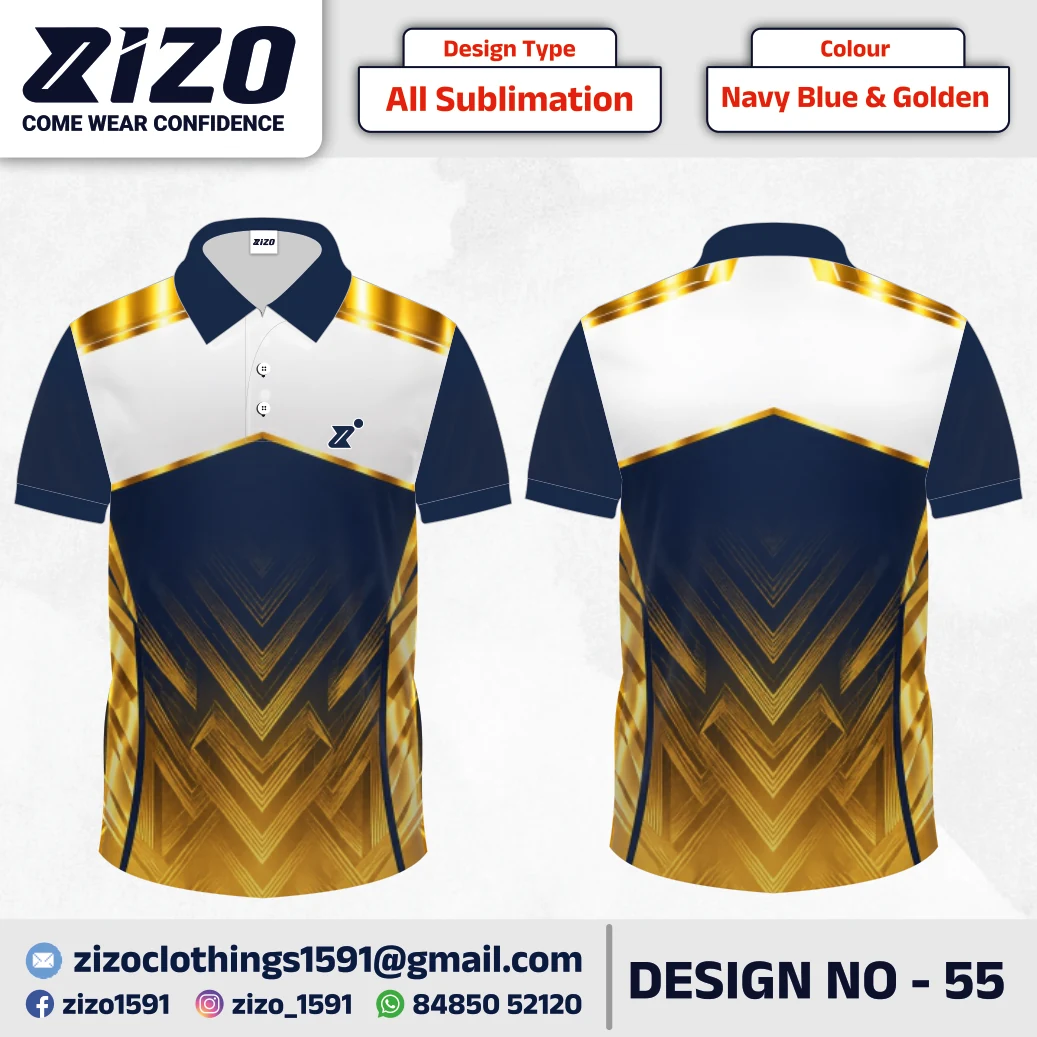 ZIZO T-shirt 55 catalogue mockup showing front and back views in Navy Blue & Golden