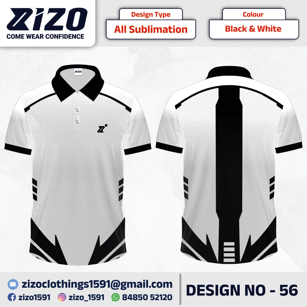 ZIZO T-shirt 56 catalogue mockup showing front and back views in Black & White