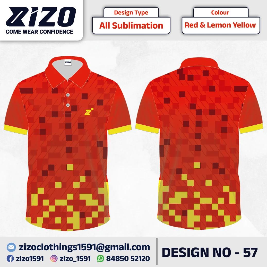 ZIZO T-shirt 57 catalogue mockup showing front and back views in Red & Lemon Yellow