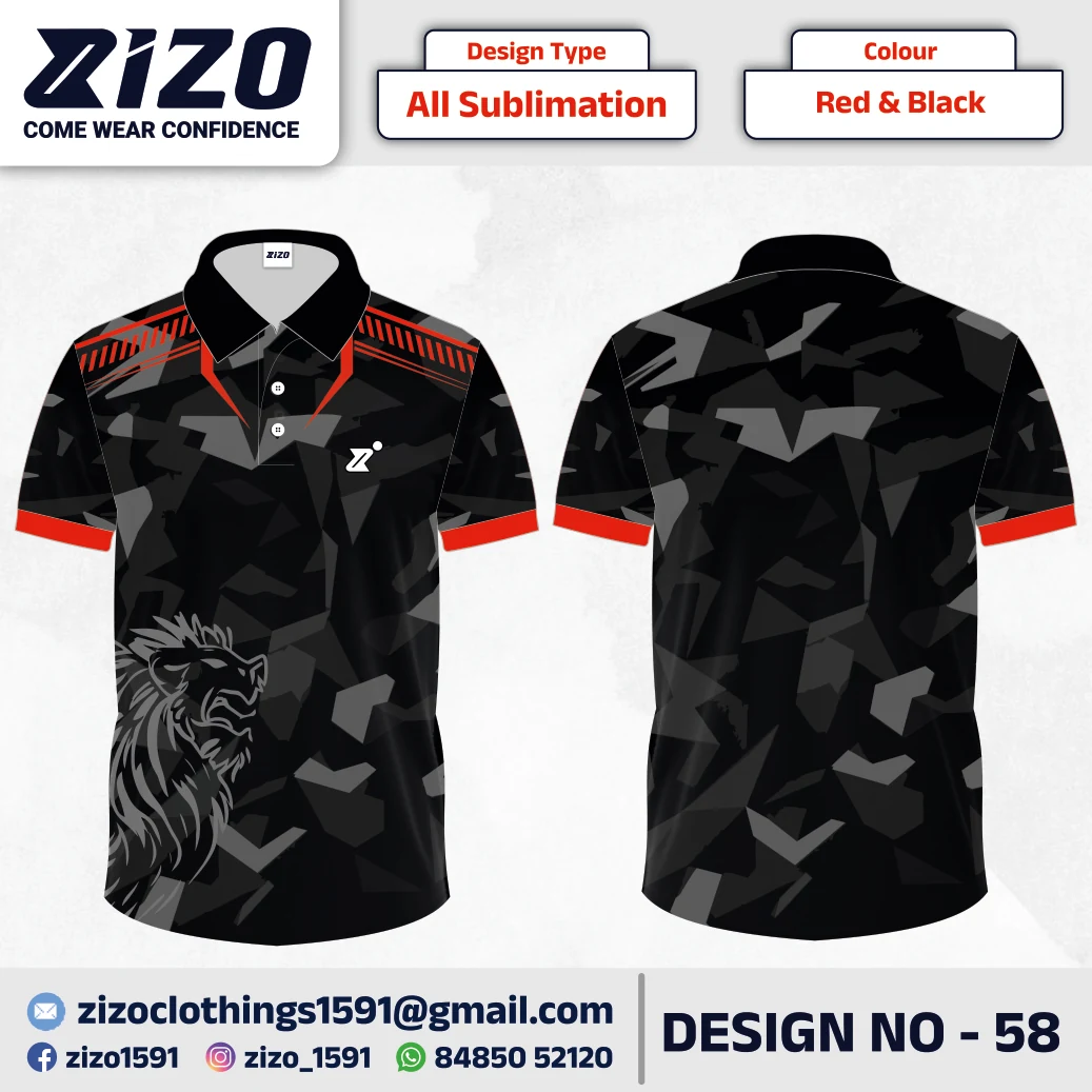 ZIZO T-shirt 58 catalogue mockup showing front and back views in Red & Black