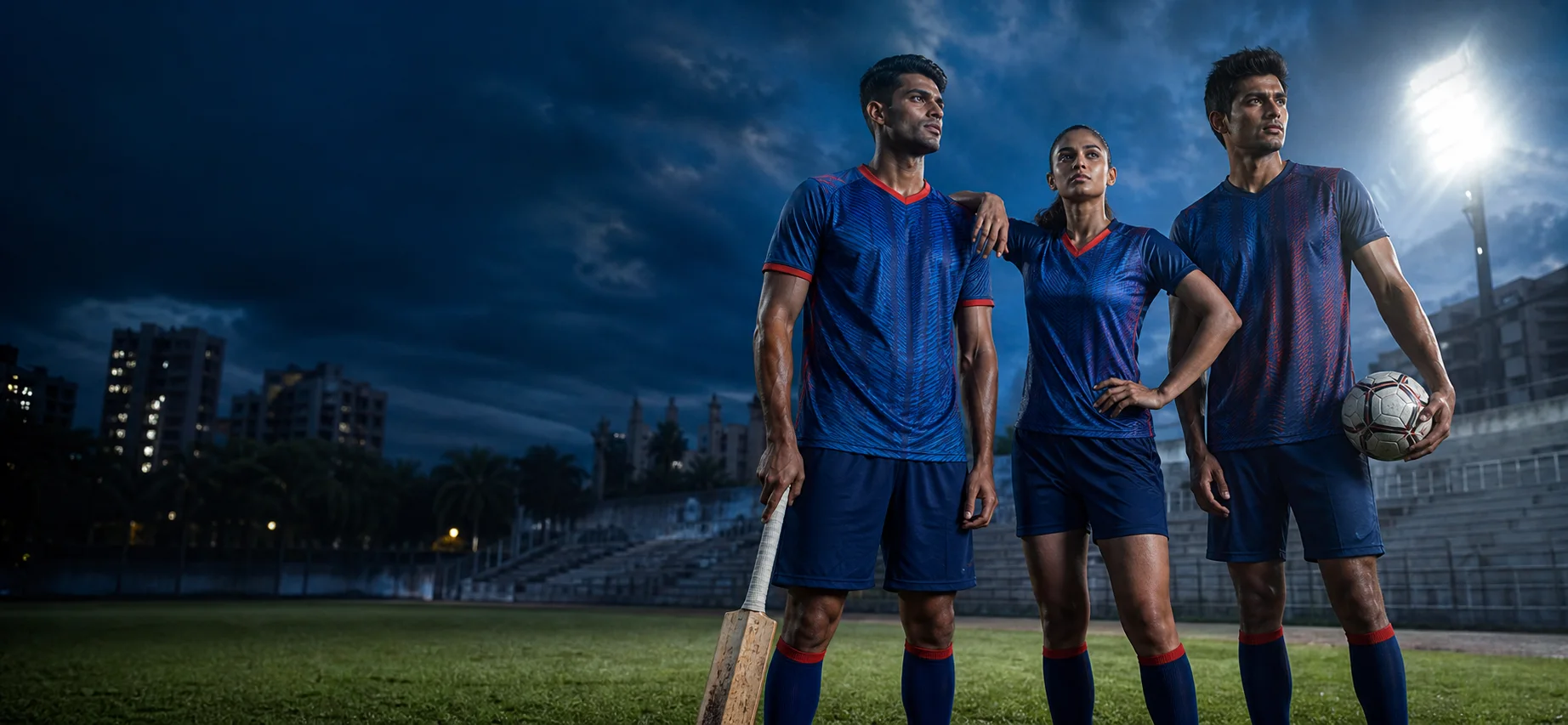 Indian cricket and football athletes wearing custom cobalt team kits under stadium lights
