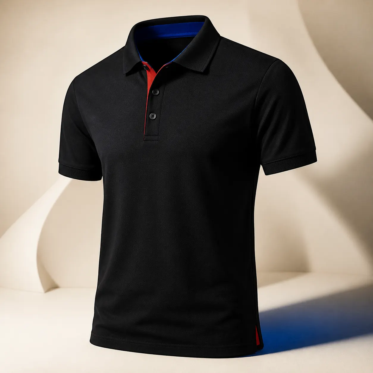 Black polo mockup with cobalt and red detailing
